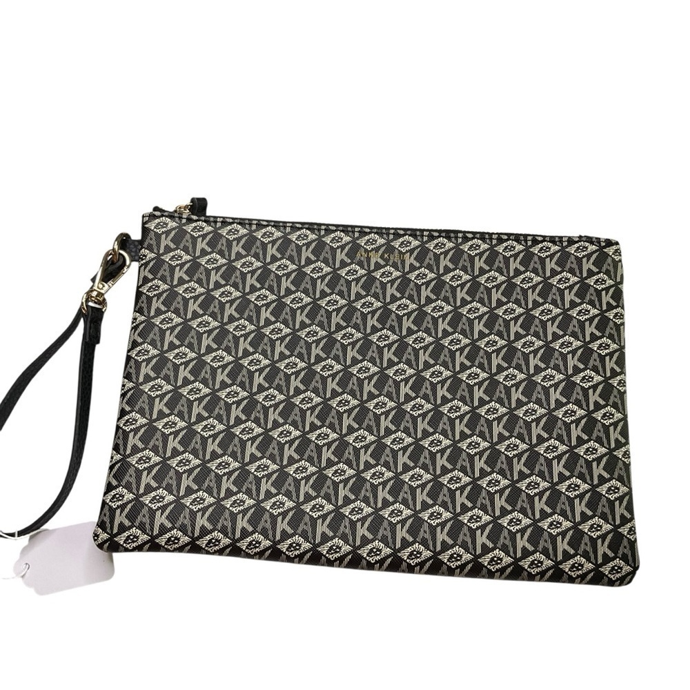 Anne Klein Black and Tan Geometric Clutch with Wristlet Strap - Picture 2 of 6